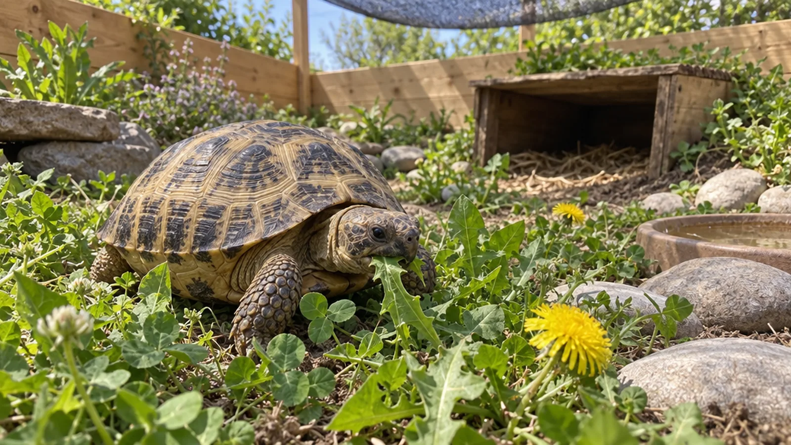 A Russian tortoise grazing on weeds in a sunny, secure outdoor enclosure with a shaded hide.
