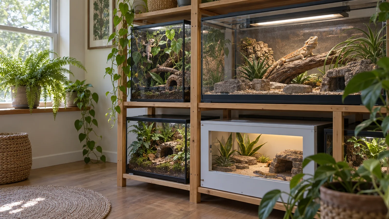A bright home reptile room with shelved enclosures containing a basking bearded dragon, a gecko, live plants and natural decor.
